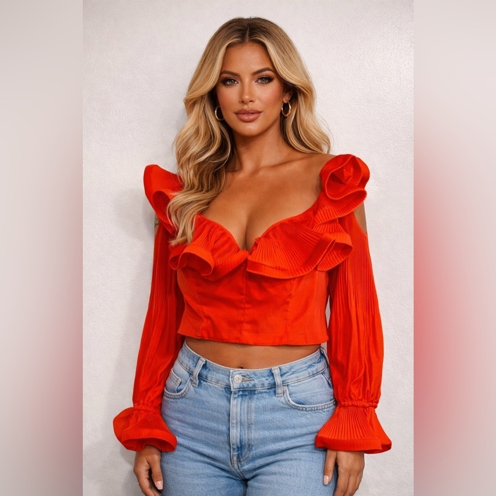 Red Ruffle Crop Top Pleated Statement Sleeves Romantic Flamenco Party Large